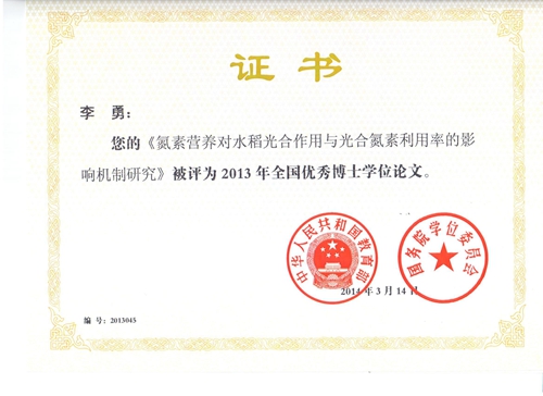 李勇优博证书